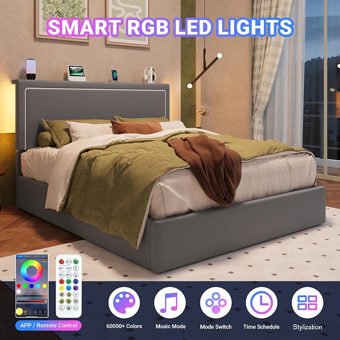 Allewie Queen Size Lift Up Storage Bed Frame with Charging Station & LED Lights, Adjustable Velvet Upholstered Storage Headboard, Type-C & USB Ports, Hydraulic Support, No Box Spring Needed, Grey