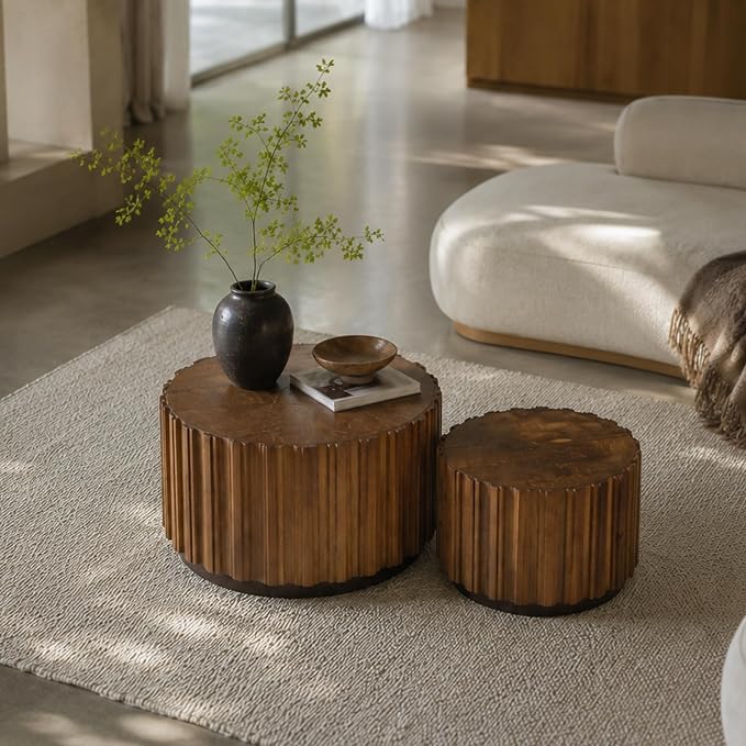 Nesting Round Coffee Table Set of 2, 27.56" Fluted Circle Accent End Table, Morden Drum Side Table, Wooden Center Table for Living Room, Fully Assembled - Walnut Brown