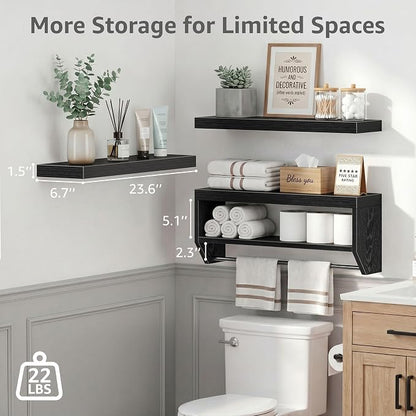 QEEIG Bathroom Floating Shelves for Wall - Shelf Over Toilet Paper Storage Farmhouse 24 inch Set of 3, Black (028-60B3)