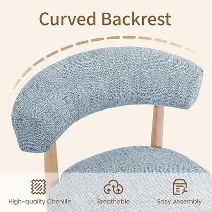 VKNOW Wooden Dining Chairs Set of 6 with Curved Open Back, Blue | Natural Rubberwood Legs, Soft Chenille Fabric, Thickened Cushion, For Adults and Family, Dining Room, Kitchen, No Wobble