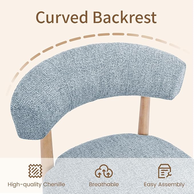 VKNOW Wooden Dining Chairs Set of 4 with Curved Open Back, Blue | Natural Rubberwood Legs, Soft Chenille Fabric, Thickened Cushion, For Adults and Family, Dining Room, Kitchen, No Wobble