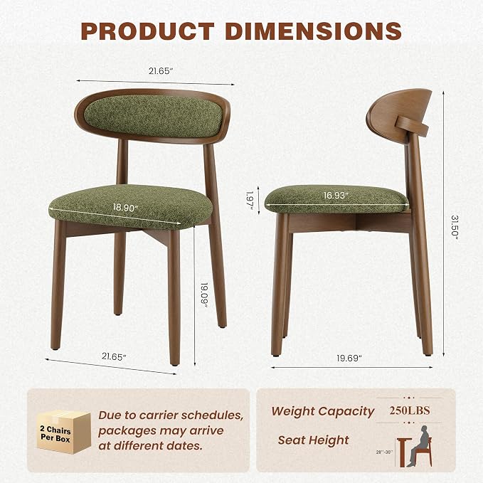Wooden Dining Chairs Set of 2, Modern Fabric Upholstered Dining Room Chair, Kitchen Side Chairs, Farmhouse Dinner Chair with Curved Back for Kitchen, Green