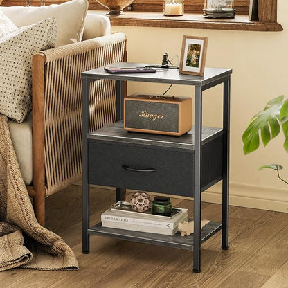 SUPERJARE Nightstand with Charging Station, Bed Side Table with Adjustable Fabric Drawer, Night Stand for Bedroom, 3-Tier Storage End Table, for Living Room, Charcoal Gray