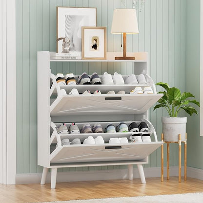 Homleke Farmhouse Shoe Storage Cabinet with Flip Drawers & Barn Door Design | Slim Narrow Shoe Rack Cabinet with Adjustable Shelves & Hidden Storage for Entryway, Foyer, Hallway, Living Room, White