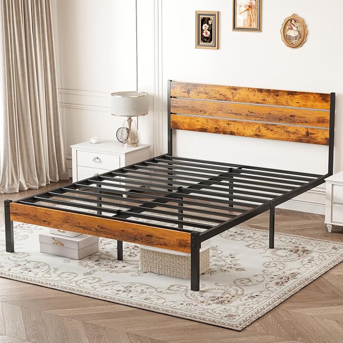 OLIXIS Full Size Bed Frame with Headboard, 800LBS Mattress Foundation with All Sturdy Metal Support, Under Bed Storage, No Box Spring Needed, Easy Assembly, Rust Brown