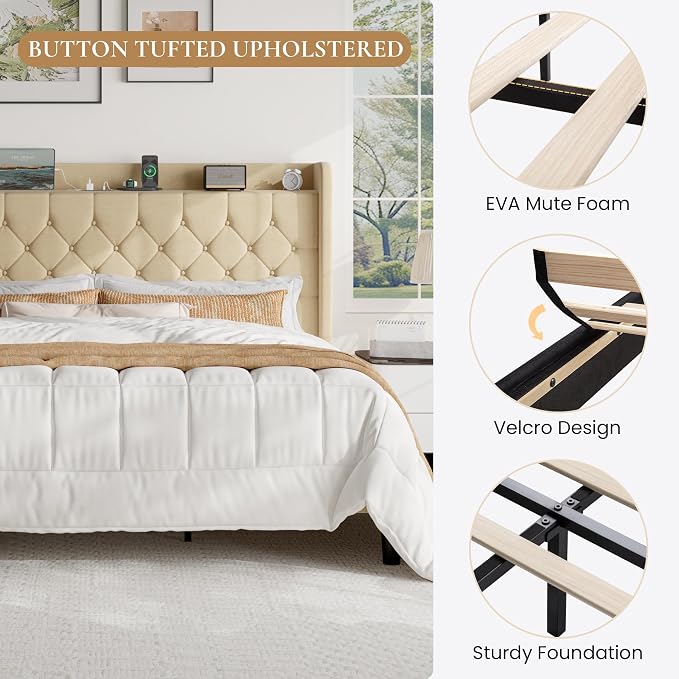 SHA CERLIN King Size Platform Bed Frame with Charging Station, Linen Wingback Headboard with Storage Shelf, Wooden Slats Support, Ample Under-Bed Space, No Box Spring Needed, Easy Assembly, Beige