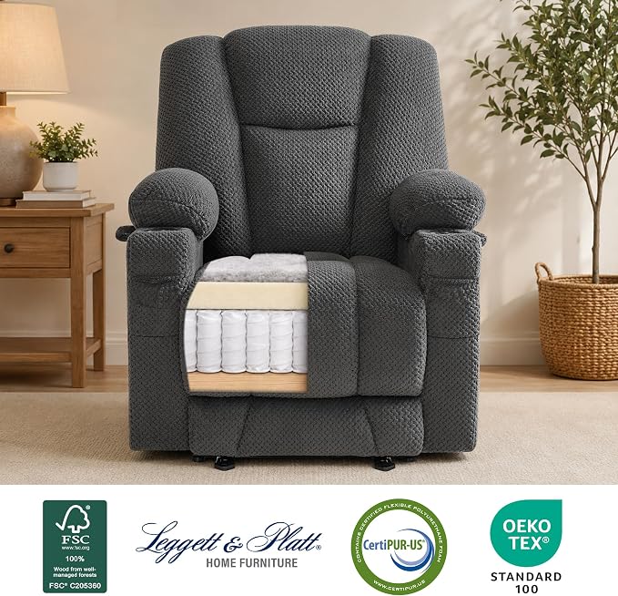 MCombo Zero Gravity Power Recliner Chair with Heat and Vibration Massage, Reclining Chair with USB & Type C Ports, Cup Holders for Living Room, Fabric 8015 (Grey)