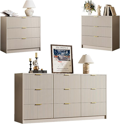 MAISONARIA 3-Piece Dresser Bedroom Set, 9 Drawer Dresser & 3 Drawer Nightstands with Gold Handles, Fluted Wood Chest of Drawers for Bedroom, Living Room, Entryway, Beige