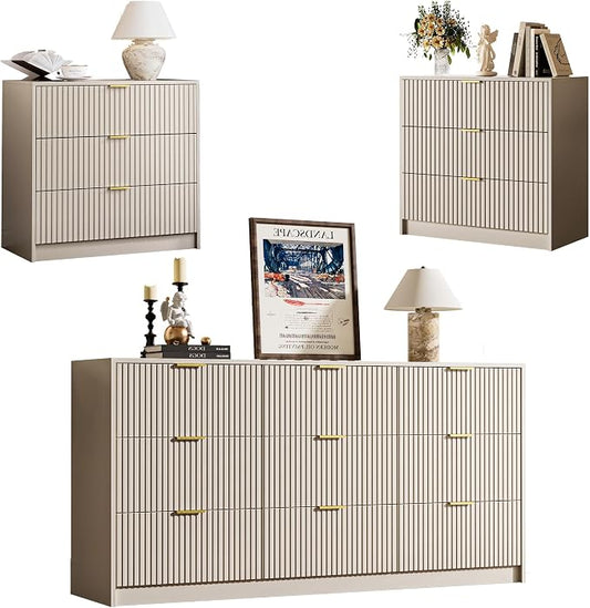 MAISONARIA 3-Piece Dresser Bedroom Set, 9 Drawer Dresser & 3 Drawer Nightstands with Gold Handles, Fluted Wood Chest of Drawers for Bedroom, Living Room, Entryway, Beige