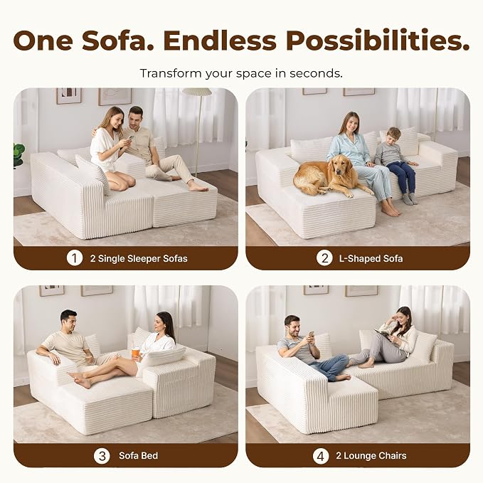 Modular Sectional L-Shaped Sofa with Deep Seat, Modern Boneless Comfy Corduroy Fluffy Couch with Side Pockets and Anti-Slip & Floor-Friendly Bottom for Living Room, No Assembly, White