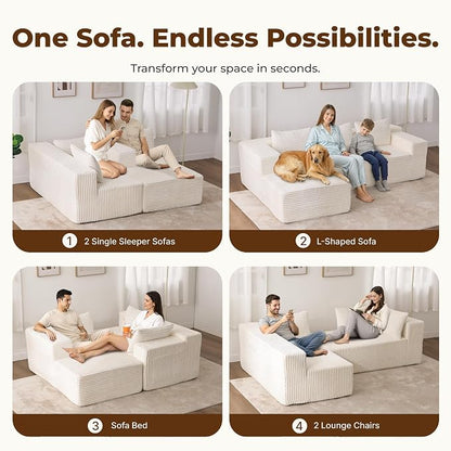 Modular Sectional L-Shaped Sofa with Deep Seat, Modern Boneless Comfy Corduroy Fluffy Couch with Side Pockets and Anti-Slip & Floor-Friendly Bottom for Living Room, No Assembly, White