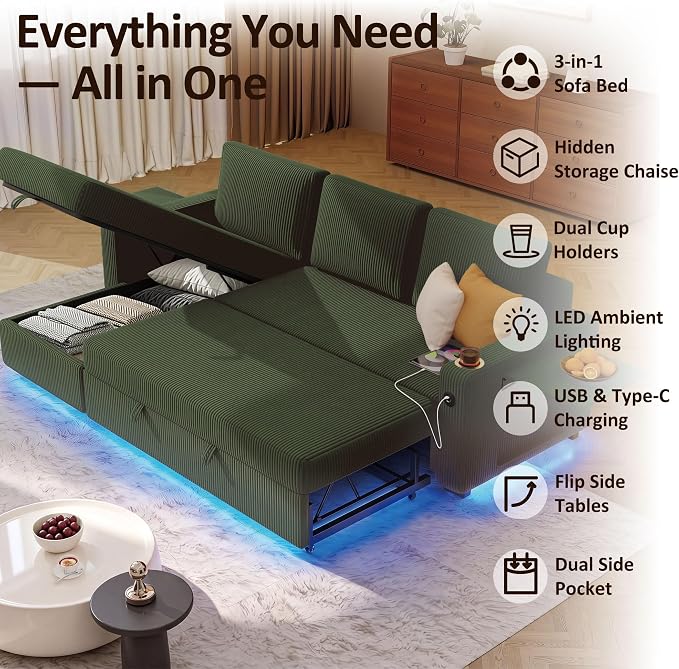 Ball & Cast 80" Sectional Sleeper Sofa Bed Pull Out Couches for Living Room | L Shaped Convertible Pull Out Sofa Bed with Storage Chaise, LED Lights, Foldable Table, USB Ports, Cup Holder and Side Pocket