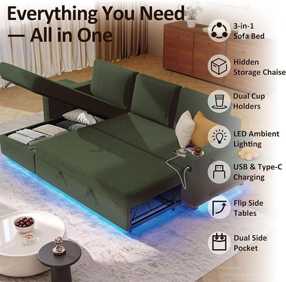 Ball & Cast 80" Sectional Sleeper Sofa Bed Pull Out Couches for Living Room | L Shaped Convertible Pull Out Sofa Bed with Storage Chaise, LED Lights, Foldable Table, USB Ports, Cup Holder and Side Pocket