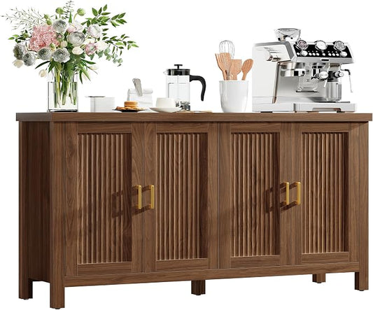 usikey Buffet Cabinet with Storage, 55" Fluted Sideboard Cabinet with 4 Adjustable Shelves, Modern Coffee Bar with 4 Doors, Coffee Bar Cabinet for Kitchen, Walnut