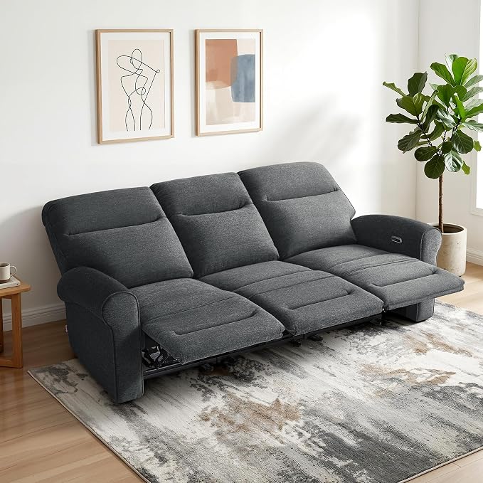 MCombo 87.8" Wall Hugger Power Reclining Sofa, 3-Seat Triple Recliner Couch with USB Ports, Rolled Arm Space Saving Recliner Sofa for Living Rooms Apartments RV, Fabric PR635M5 (Dark Grey)