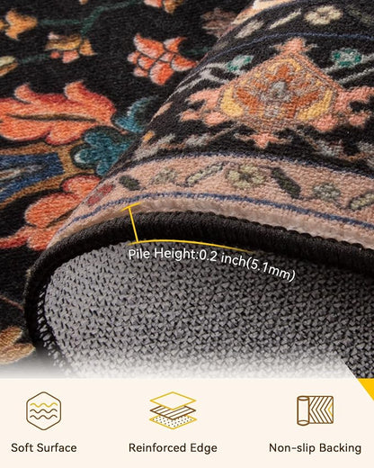 RELEANY Area Rugs Runner 2'x10' Washable Non-Slip, Floral Vintage Distress Medallion Carpet for Kitchen Hallway Bedroom Beside Laundry Room Bathroom, Black Colorful Floral Dark Tan