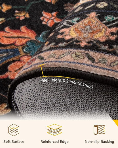 RELEANY Area Rugs 7'x10' Washable Non-Slip, Floral Vintage Distress Medallion Carpet for Living Room Bedroom Dining Room, Black Colorful Floral Dark Tan