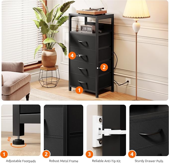 Lazzanto NightStand Bedside Charging Table Bedroom - Black Night Stand with Charger Station, Modern Bed Side End Table with Open Shelf & 4 Fabric Drawers, USB-C Port for Dorm Living Room