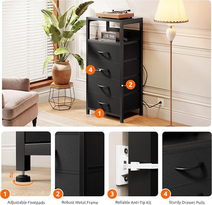 Lazzanto NightStand Bedside Charging Table Bedroom - Black Night Stand with Charger Station, Modern Bed Side End Table with Open Shelf & 4 Fabric Drawers, USB-C Port for Dorm Living Room