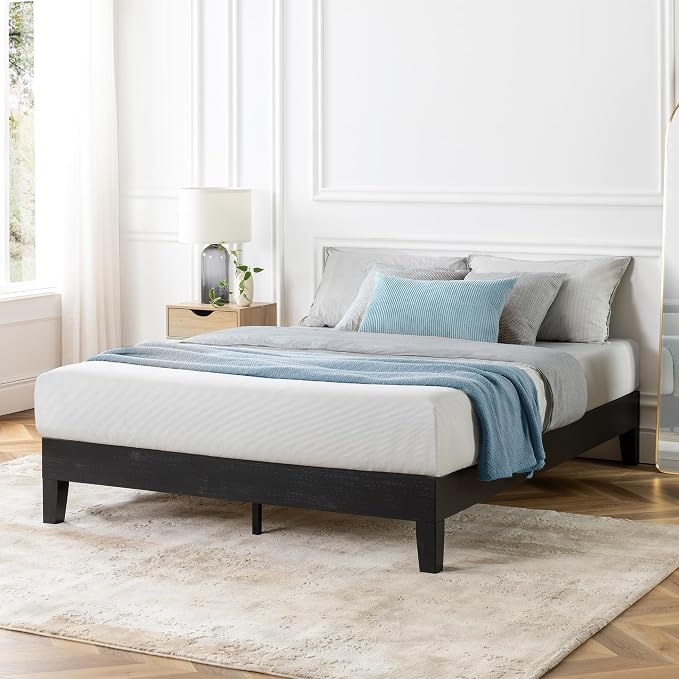 Mellow Naturalista Grand 12 Inch Solid Wood Platform Bed with Wooden Slats, Easy Assembly, Queen, Black