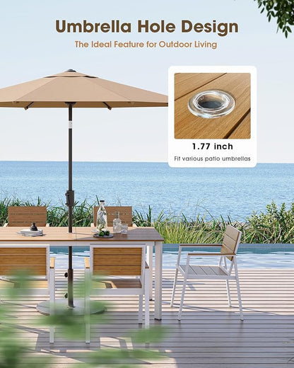 Outdoor Dining Table, Aluminum Patio HDPS Outdooor Table with Umbrella Hole, All Weather Patio Furniture Set, Patio Dining Table (White & Teak)