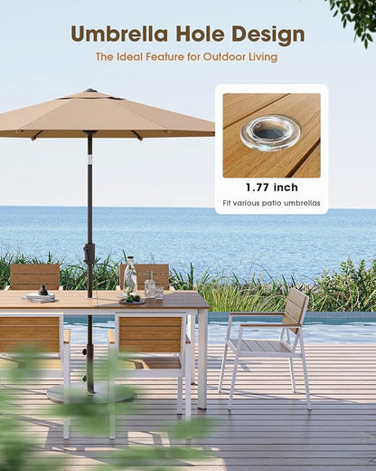 Outdoor Dining Chiars Set of 2, Aluminum Patio HDPS Outdooor Dining Chiars, All Weather Patio Furniture Set (White & Teak)