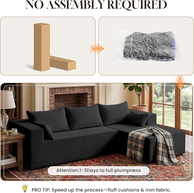 GRUSIGN106 Cloud Sectional Boneless Couch for Living Room, Modular L Shaped Couches with Oversized Right Facing Chaise, Memory Foam Compressed Spineless Deep Seat 3 Seater Sofa for Apartment, Black