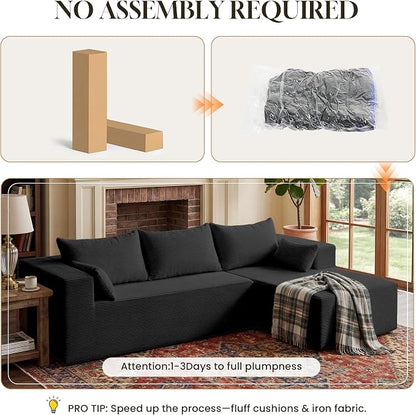 GRUSIGN106 Cloud Sectional Boneless Couch for Living Room, Modular L Shaped Couches with Oversized Right Facing Chaise, Memory Foam Compressed Spineless Deep Seat 3 Seater Sofa for Apartment, Black