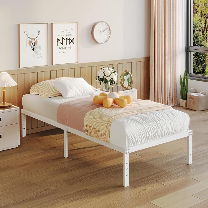 YUSENHEEI 14 Inch Twin Bed Frames No Box Spring Needed, Heavy Duty Metal Twin Platform Bed Frame with Large Underbed Storage Space, Noise Free, Easy Assembly, White