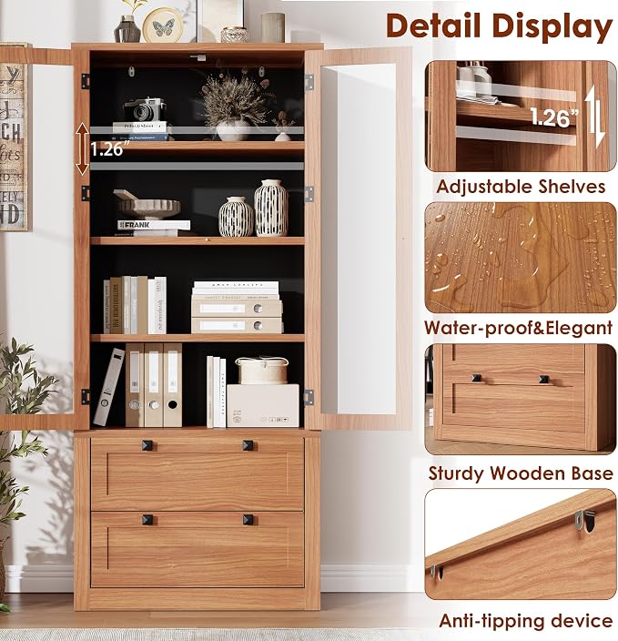 71" Tall Kitchen Pantry Cabinet - Modern Display Storage Cabinet with 2 Large Drawers, Glass Doors, and Adjustable Shelves, Farmhouse Kitchen Cupboard for Dining Room, Bathroom, Living Room, Walnut