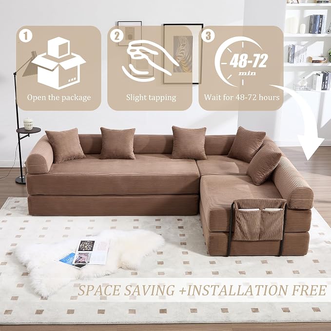 106" Oversized Convertible Sleeper Sofa Bed, Corduroy L Shape Sectional Couch, Folding Sofa Bed with Side Pocket, Modern Cloud Floor Mattress Couch, Modular Sofa for Living Room, Brown