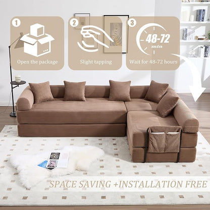 106" Oversized Convertible Sleeper Sofa Bed, Corduroy L Shape Sectional Couch, Folding Sofa Bed with Side Pocket, Modern Cloud Floor Mattress Couch, Modular Sofa for Living Room, Brown