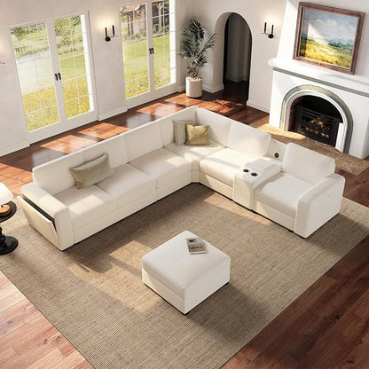Vesgantti Oversized Modular Sectional Sofa, 6-Seater Chenille L Shaped Modular Sofa with Ottoman, 2 Cup Holders, USB Port, Storage Box, Sectional Couches for Living Room, Meeting Room, Beige