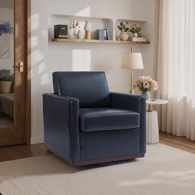360° Swivel Accent Chair, 31" Wide Faux Leather Upholstered Club Armchairs for Living Room, Comfy Square Swivel Barrel Chair with Metal Base, Navy