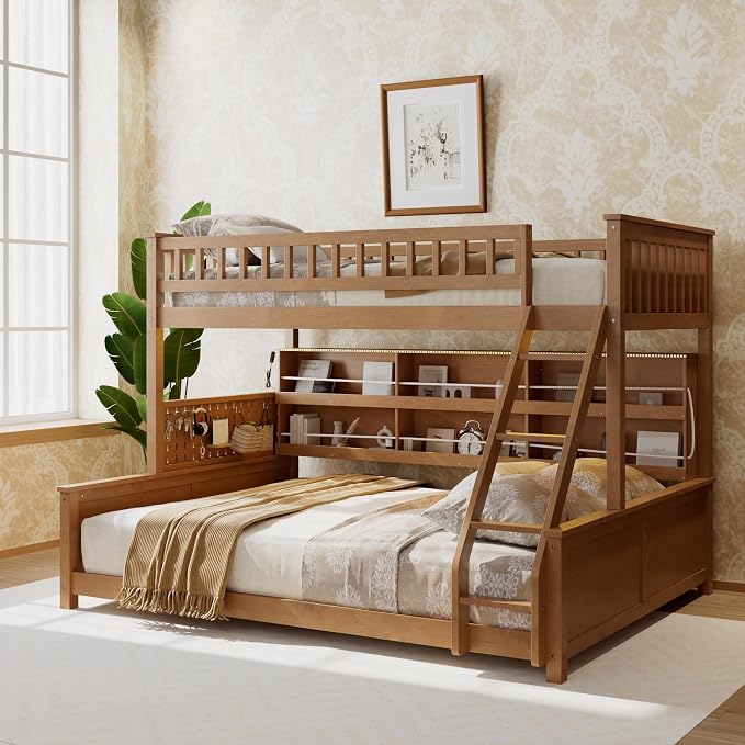 Twin XL Over Queen Bunk Bed, Wood Bunk Bed with Integrated Shelving, Color-Changing Lights and Pegboard for Kids Teens Adults, Brown