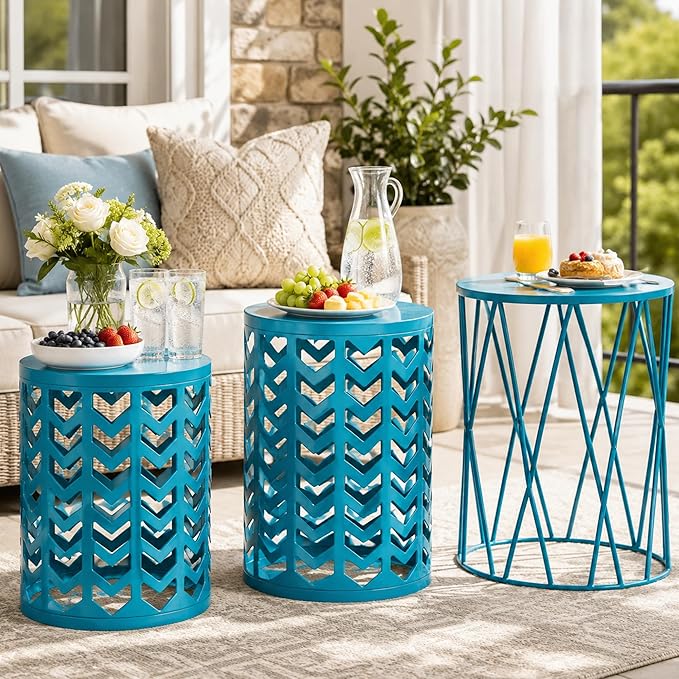 Nesting Side Table Set of 3 Decorative Round Garden Stools for Indoor Outdoor Heavy Duty Metal Frame Side Table Nightstands Modern End Table Plant Stand, Blue