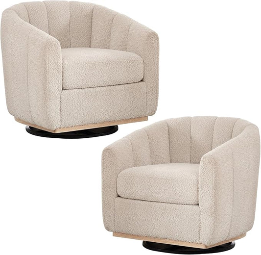 Swivel Barrel Chair Set of 2, 360 Degree Round Swivel Accent Chair for Living Room, Mid Century Modern Upholstered Accent Chair,Comfy Tufted Sofa Armchairs for Bedroom,Nursery,Boucle,Wheat