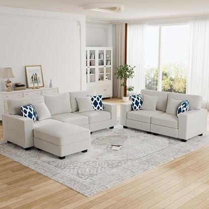 Legend Vansen Oversized Modular Sectional Sofa,U/L‑Shaped Reversible Couch with Ottoman,Deep Seat Plush Polyester Sofa for Living Room,6‑Seater,Cream