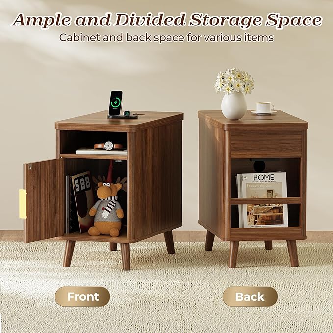 Huuger Narrow End Table with Charging Station, USB-C Port, Fluted Nightstand with Storage Cabinet, Back Rack, Farmhouse Side Table for Small Spaces, 13.4 × 23.6 Inch Night Stand, Walnut