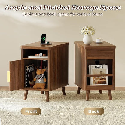 Huuger Narrow End Table with Charging Station, USB-C Port, Fluted Nightstand with Storage Cabinet, Back Rack, Farmhouse Side Table for Small Spaces, 13.4 × 23.6 Inch Night Stand, Walnut