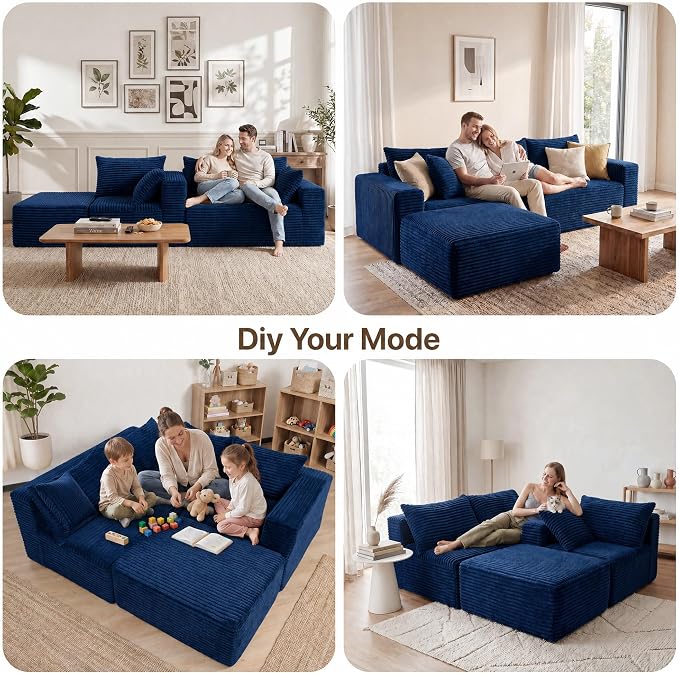 Claiks 104" Boneless Couch, Cloud Couch Sectional, L-Shape Corduroy Modular Sectional Sofa Deep Seat, Upholstered Couches for Living Room, No Assembly Required, Blue