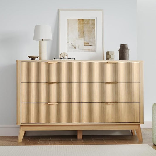 SUNWAVE 6 Drawer Dresser for Bedroom, 49.6" Wide Modern Fluted Dresser with Round Corner, Wood Chest of Drawers for Living Room (Oak)