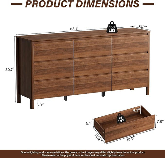 Furniway Walnut Mid-Century Modern 3 Piece Bedroom Furniture Set, 9 Drawer Dresser with Handleless Wood Grain Design and Nightstands Set of 2, Minimalist Storage Dresser for Bedroom
