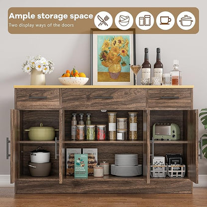 Vongrasig Buffet Cabinet with Drawers, 53” Large Sideboard Buffet Kitchen Storage Cabinet, Modern Farmhouse Coffee Bar with Shelves and Doors, Wood Buffet Table for Kitchen, Dining Room, Rustic Brown
