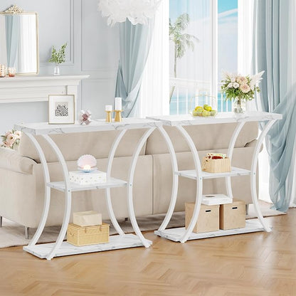 Hoctieon 3 Tier Console Table with Open Wood Shelves, Decorative Entryway Table with Curved Metal Frames, Narrow Sofa Table for Entrance, Living Room, Hallway, White Marbled