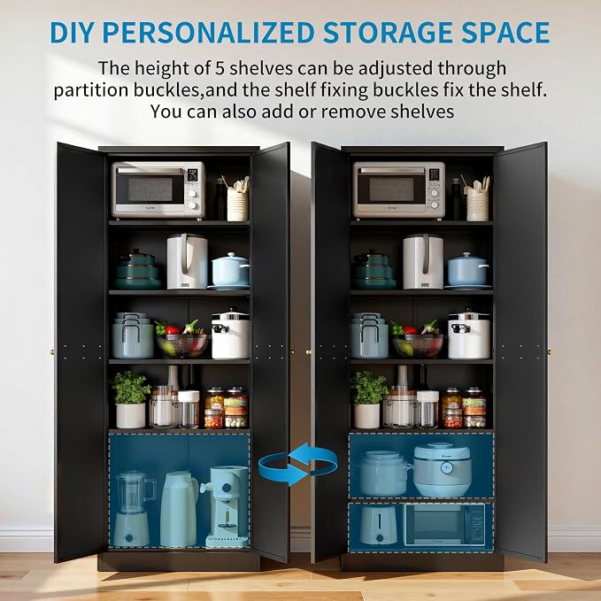 72" H Black Metal Kicthen Pantry Storage Cabinet 6-Tier Cupboard | Storage Cabinet with 5 Adjustable Shelves, Living Room, Garage, Heavy Duty Freestanding Utility Cabinet, Assembly Require