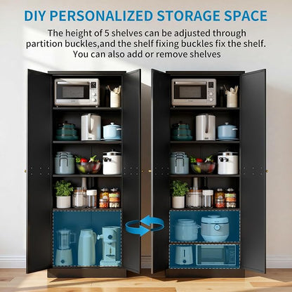72" H Black Metal Kicthen Pantry Storage Cabinet 6-Tier Cupboard | Storage Cabinet with 5 Adjustable Shelves, Living Room, Garage, Heavy Duty Freestanding Utility Cabinet, Assembly Require