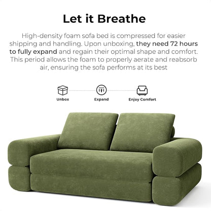 LIKIMIO FlipNest Convertible Sleeper Sofa Bed Floor Sofa 3-in-1 No Assembly, Foldable Mattress with Corduroy Upholstery Olive Green, Lounge Loveseat Couch for Living Room Studio Guest Room