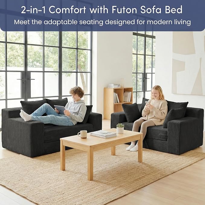 cidludto Boneless Couch Loveseat Sleeper, Convertible Sofa Bed Folding Couch Bed Foldable, 2 in 1 Boneless Chair Bed & Futon Sofa Bed, Small Pull Out Sofa with 4 Pillows for Living Room, Black