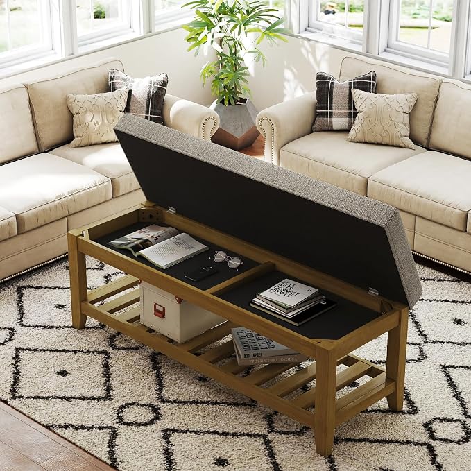 Befurtori Large Rectangular Upholstered Ottoman Bench, Linen Tufted Footrest Ottoman with Solid Wood Shelf Storage Coffee Table for Bedroom Living Room, Gray Linen